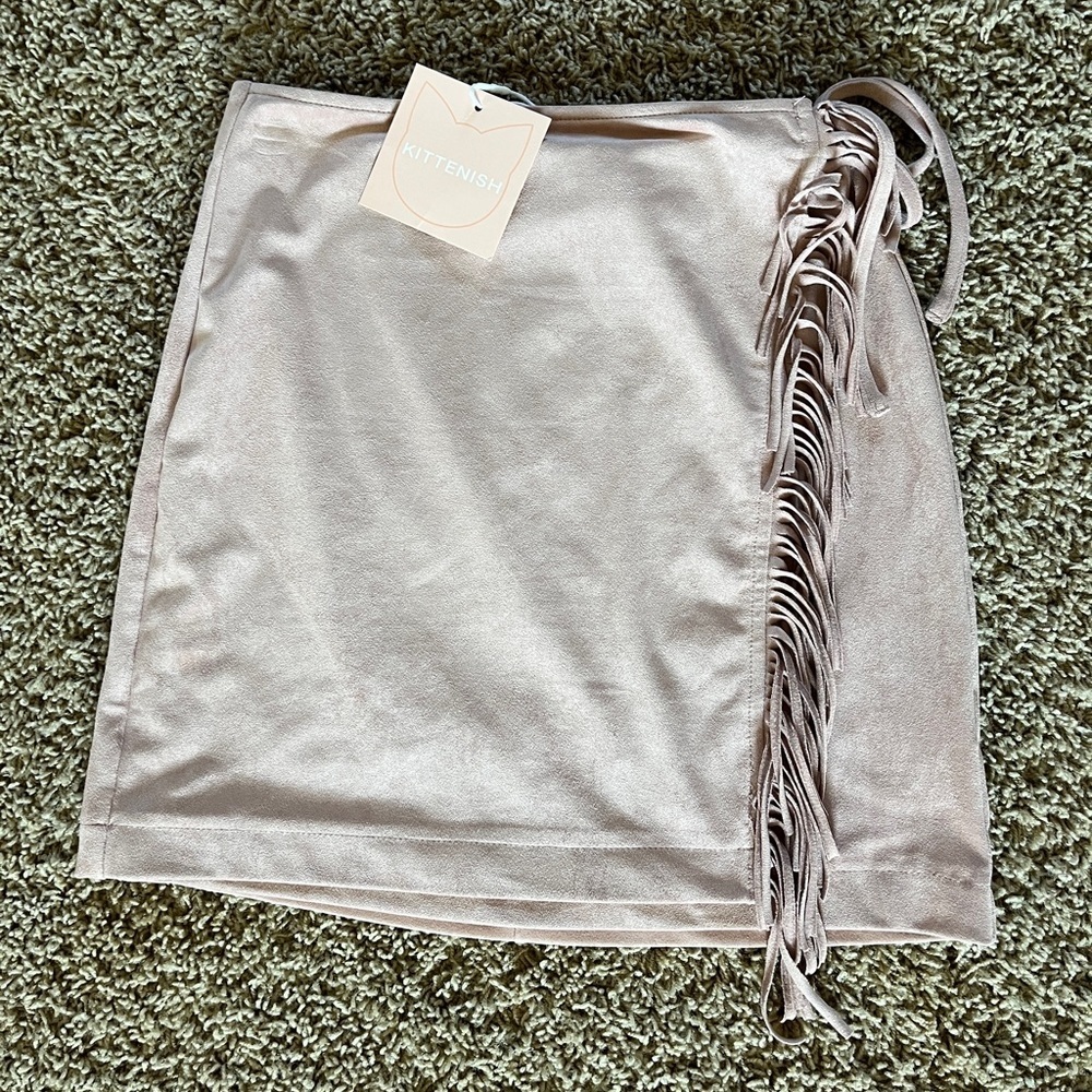 Kittenish Beige Mini Skirt with Fringe Accent